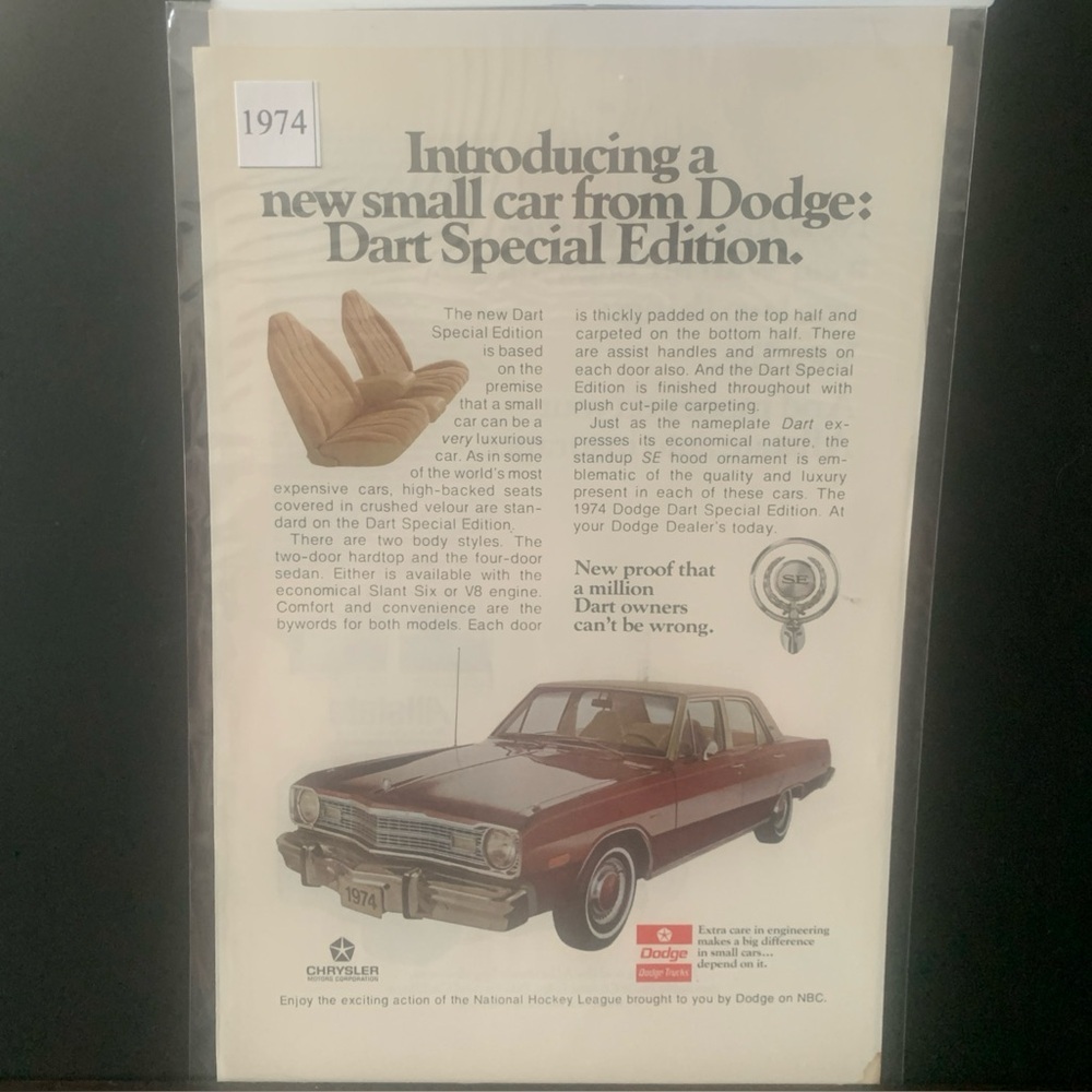 Vintage 1974 Dodge Dart Special Edition New Proof Ad Advertisement